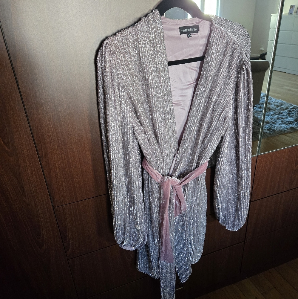 Silver and Pink Mini Robe Dress with Textured Fabric
